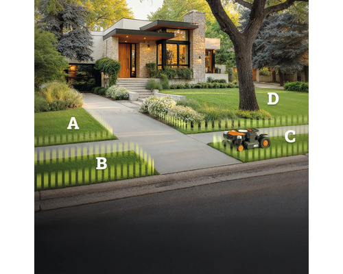 Robotická sekačka na trávníku před moderním domem