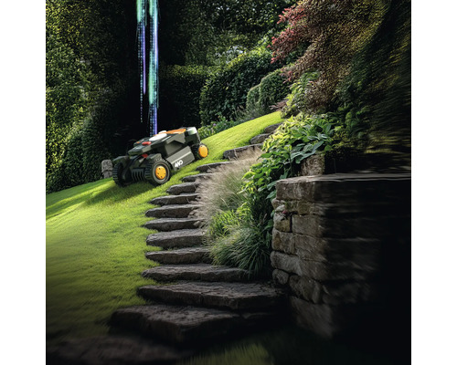 Scéna s robotickou sekačkou na zahradě s kamenným schodištěm a bujnou vegetací