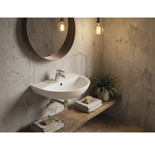 Koupelna s umyvadlem, zrcadlem a dekorativními prvky na dřevěné polici.