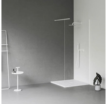 Moderní koupelna se sprchovým koutem, věšákem na ručníky, odkládacím stolkem a pokojovou rostlinou.