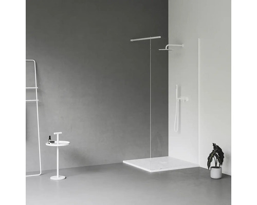 Moderní koupelna se sprchovým koutem, věšákem na ručníky, odkládacím stolkem a pokojovou rostlinou.