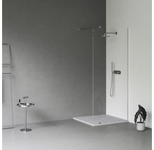 Koupelna se sprchou, držákem na ručníky, odkládacím stolem a pokojovou rostlinou