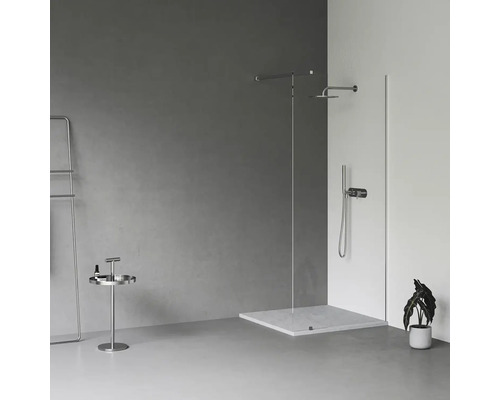 Koupelna se sprchou, držákem na ručníky, odkládacím stolem a pokojovou rostlinou