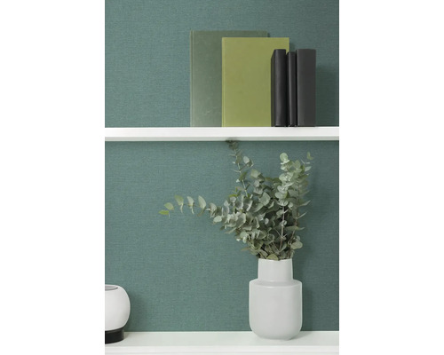 Police s knihami a eukalyptem ve váze