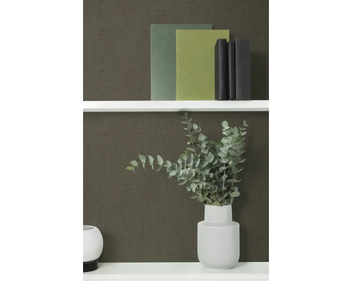 Police s knihami a váza s eukalyptem