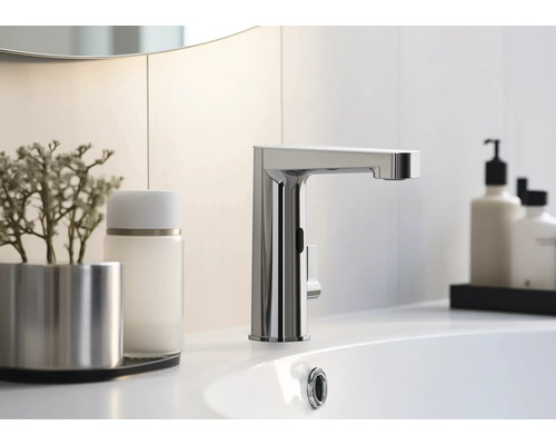 Na umyvadle je vodovodní baterie se senzorem.