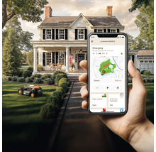 Scéna s robotickou sekačkou na trávníku a rukou držící smartphone s aplikací pro ovládání robota