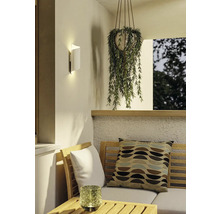 Scéna s nástěnnou lampou, závěsnou rostlinou a posezením venku