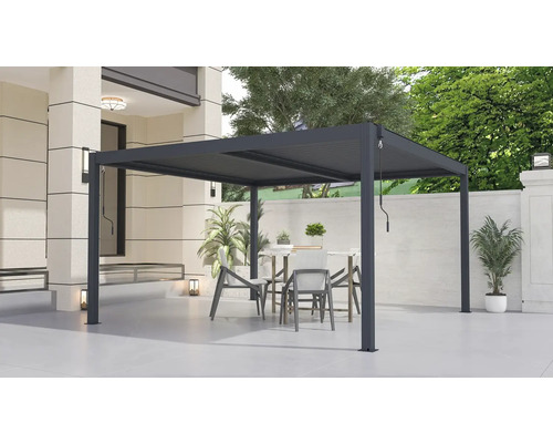 Zastřešení terasy s lamelovou střechou a posezením ve venkovním prostoru