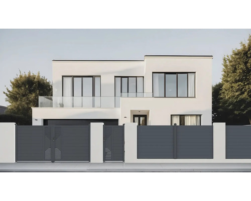 Moderní dům s vjezdovou bránou a plotem