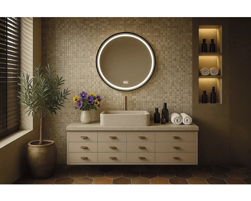 Koupelnová scéna s umyvadlem, zrcadlem, rostlinou a dekorem