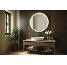 Moderní koupelna s umyvadlem, kulatým zrcadlem s osvětlením a pokojovou rostlinou