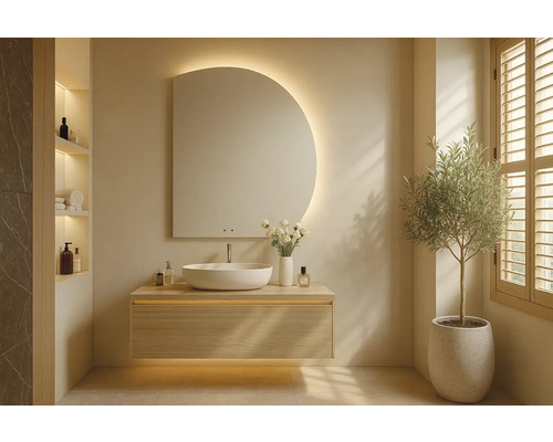 Moderní koupelna s umyvadlem, zrcadlem a rostlinou