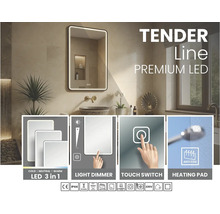 Koupelnové LED zrcadlo Tender Line ve světlé koupelně s nastavitelnou teplotou barev, stmívačem, dotykovým spínačem a funkcí proti zamlžování.