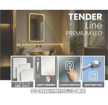 LED koupelnové zrcadlo Tender Line se stmíváním, třemi barvami světla, dotykovým spínačem, funkcí proti zamlžování a ochranou proti vodě.