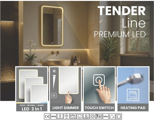 LED koupelnové zrcadlo Tender Line se stmíváním, třemi barvami světla, dotykovým spínačem, funkcí proti zamlžování a ochranou proti vodě.