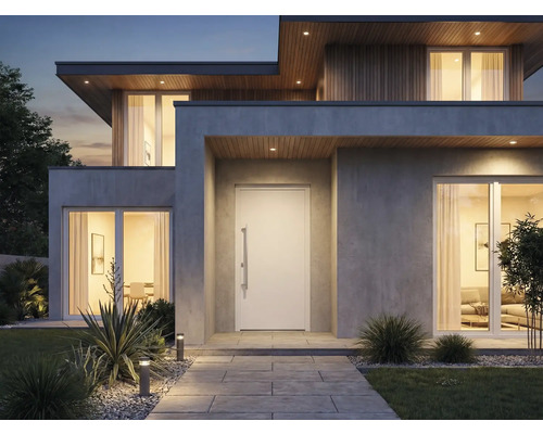 Moderní dům se vstupními dveřmi, okny a zahradou