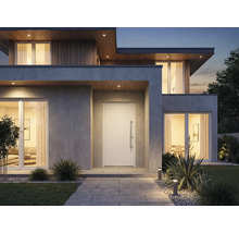 Moderní dům se vstupními dveřmi, okny a venkovním osvětlením