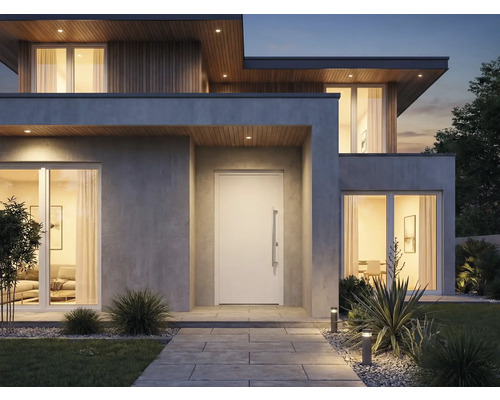 Moderní dům se vstupními dveřmi, okny a venkovním osvětlením