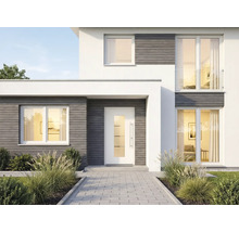 Moderní dům s vchodovými dveřmi, okny a dlážděnou cestou