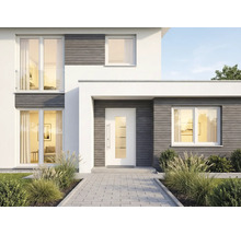 Pohled na fasádu moderního domu se vstupními dveřmi, okny a dlážděnou cestou