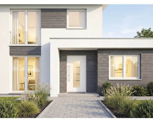 Pohled na fasádu moderního domu se vstupními dveřmi, okny a dlážděnou cestou