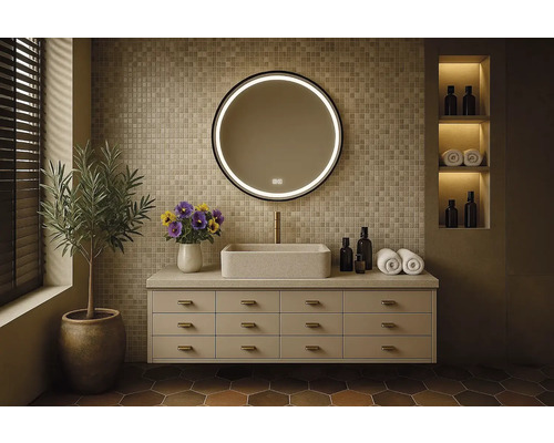 Koupelna s umyvadlovou skříňkou, umyvadlem na desku, zrcadlem s LED osvětlením a dekorací