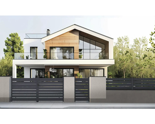 Moderní dům s dřevěnými prvky, skleněnou fasádou a plotem