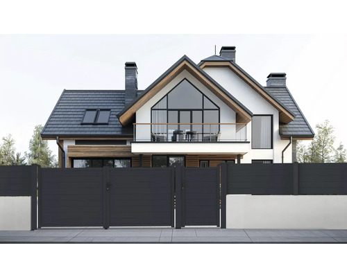 Moderní dům s posuvnou bránou a plotem