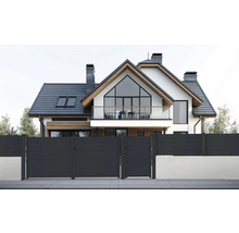 Pohled na moderní dům s šedým oplocením