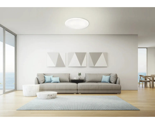 Světlý obývací pokoj s moderním stropním svítidlem, pohovkou a kobercem