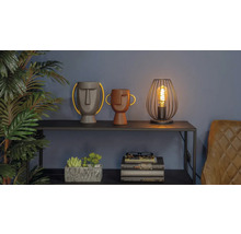 Dekorativní scéna se dvěma vázami s obličeji, lampou a hromadou knih na polici.