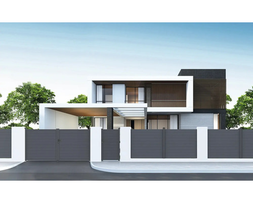 Moderní dům se zahradním plotem a bránou