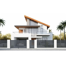 Moderní dům s dřevěnými prvky a kovovým plotem