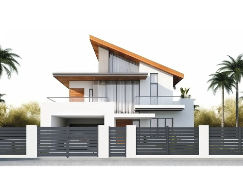 Moderní dům s dřevěnými prvky a kovovým plotem