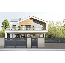 Moderní dvoupodlažní dům s velkou zahradou a šedým plotem.