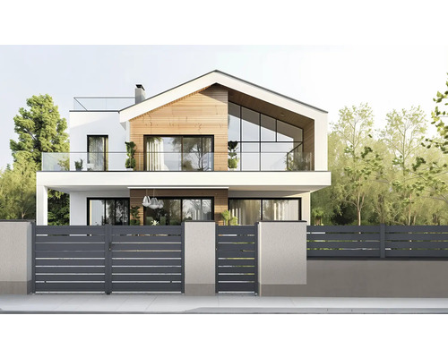 Moderní dvoupodlažní dům s velkou zahradou a šedým plotem.