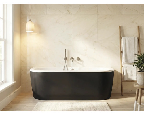 Koupelna s volně stojící vanou, žebříkem na ručníky a oknem pro denní světlo