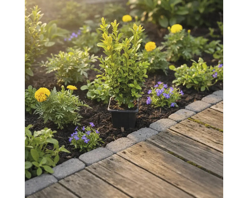 Zahradní záhon s buxusem v květináči, žlutými a modrými květinami vedle dřevěné cesty
