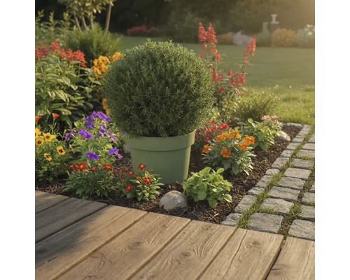 Zahradní krajina s rostlinou v květináči a barevnými květinami