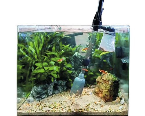 Akvárium se štěrkem a dekorací, čištěné zvonem na odkalování dna