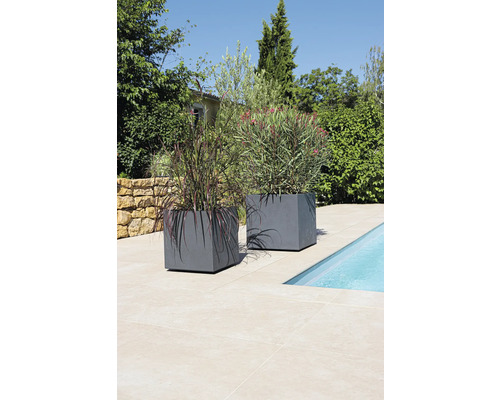 Dva šedé květináče s rostlinami vedle bazénu