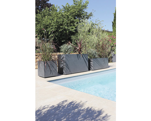 Tři šedé květináče různých velikostí stojí na okraji bazénu a jsou osázeny rostlinami.