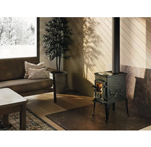 Obývací pokoj s pohovkou, stolem a černými kamny na dřevo s kouřovodem