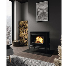 Obývací pokoj s kamny, hromadou palivového dřeva a černobílou fotografií