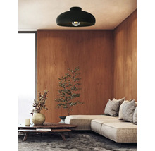 Obývací pokoj se stropním svítidlem, pohovkou a dřevěnou stěnou