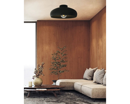 Obývací pokoj se stropním svítidlem, pohovkou a dřevěnou stěnou