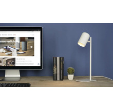 Stolní scéna s obrazovkou počítače, knihami, kaktusem a stolní lampou