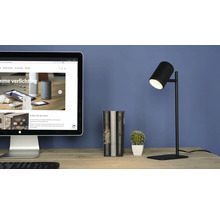 Psací stůl s počítačem, knihami, kaktusem a černou lampou