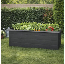 Dřevěný vyvýšený záhon osázený zeleninou v zahradě